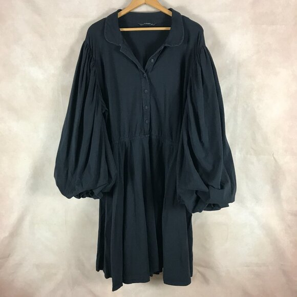 eSHAKTI Black Cotton Polo Dress with Bubble Sleeves 20W Plus Size - Picture 2 of 6